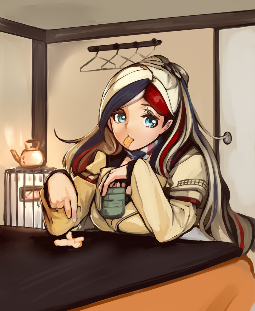 1girl, blonde_hair, blue_eyes, clothes_hanger, commandant_teste_(kantai_collection), cup, eimusu_(yassun83), food