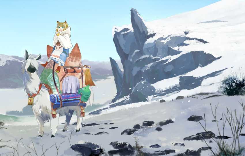 1girl, alpaca, bell, blonde_hair, blue_eyes, highres, meowstress, monster_hunter_x