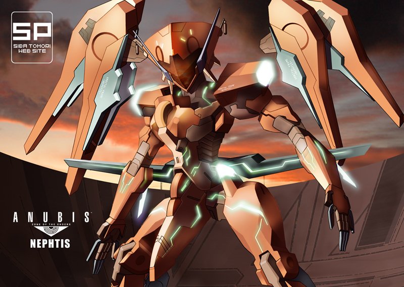 clouds, dusk, evening, mecha, neon_trim, nephtis, no_humans, orbital_frame