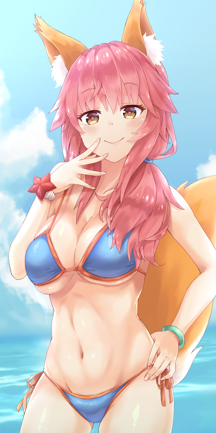 1girl, absurdres, animal_ears, bikini, blue_bikini, blush, breasts, chaou