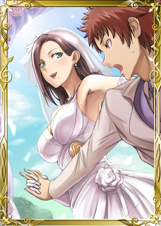 1boy, 1girl, avan_hardins, breasts, bridal_veil, brown_eyes, brown_hair, cleavage, dress, earrings, elbow_gloves, gloves, green_eyes, hand_holding, interlocked_fingers, jewelry, long_hair, lowres, mole, mole_under_eye, outdoors, senjou_no_valkyria, senjou_no_valkyria_2, short_hair, sleeveless, sleeveless_dress, sofia_collins, tea_(nakenashi), veil, wedding_dress, white_dress, white_gloves