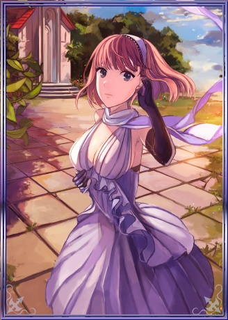 1girl, black_gloves, blue_dress, breasts, brown_eyes, brown_hair, clarissa_callaghan, cleavage
