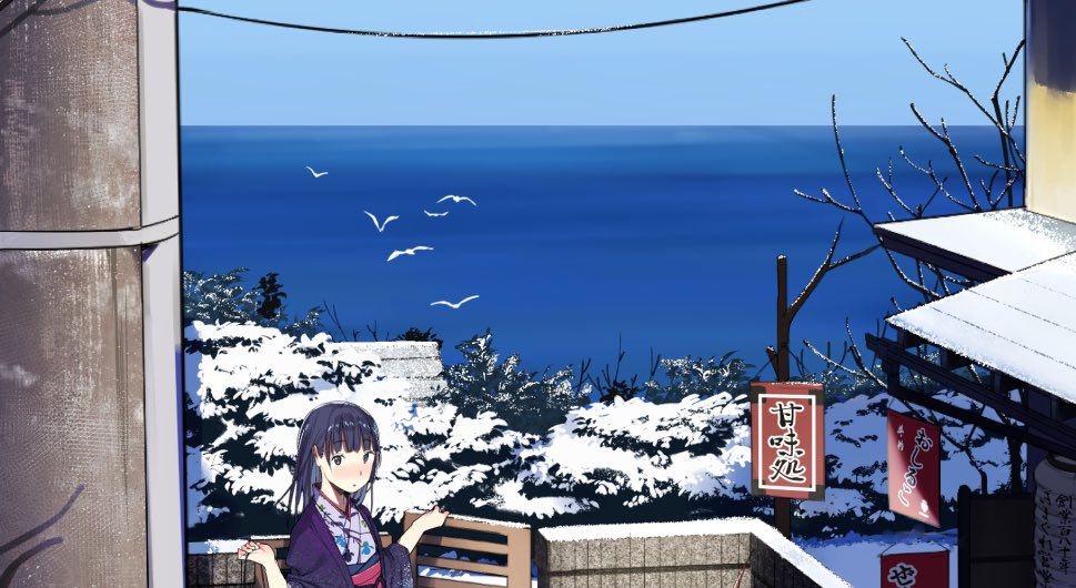 1girl, bangs, bare_tree, bird, black_hair, blue_eyes, blue_sky, blush, building, dove, eyebrows_visible_through_hair, hands_up, japanese_clothes, kimono, looking_at_viewer, ocean, original, ouchikaeru, outdoors, sign, sky, snow, solo, tree, utility_pole