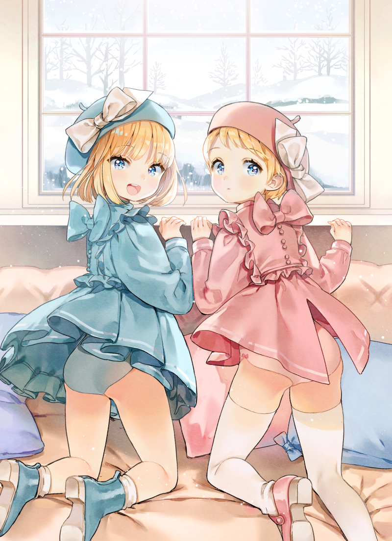 2girls, :d, anco_(melon85), aqua_bow, aqua_dress, aqua_panties, ass, bangs