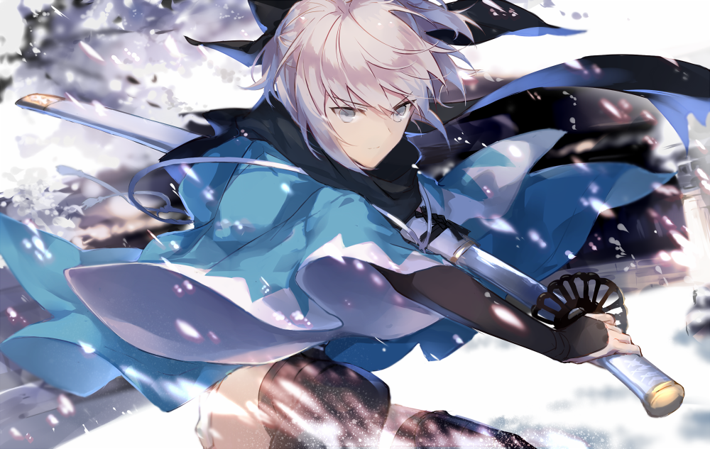 1girl, black_bow, black_legwear, black_scarf, blurry_background, bow, bridal_gauntlets, cowboy_shot
