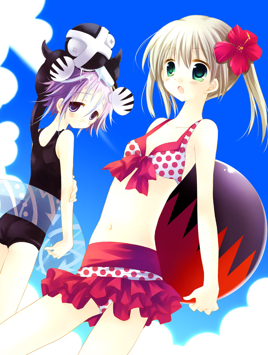 beach, bikini, blonde_hair, chrona_makenshi, flower, front-tie_top, green_eyes, hibiscus