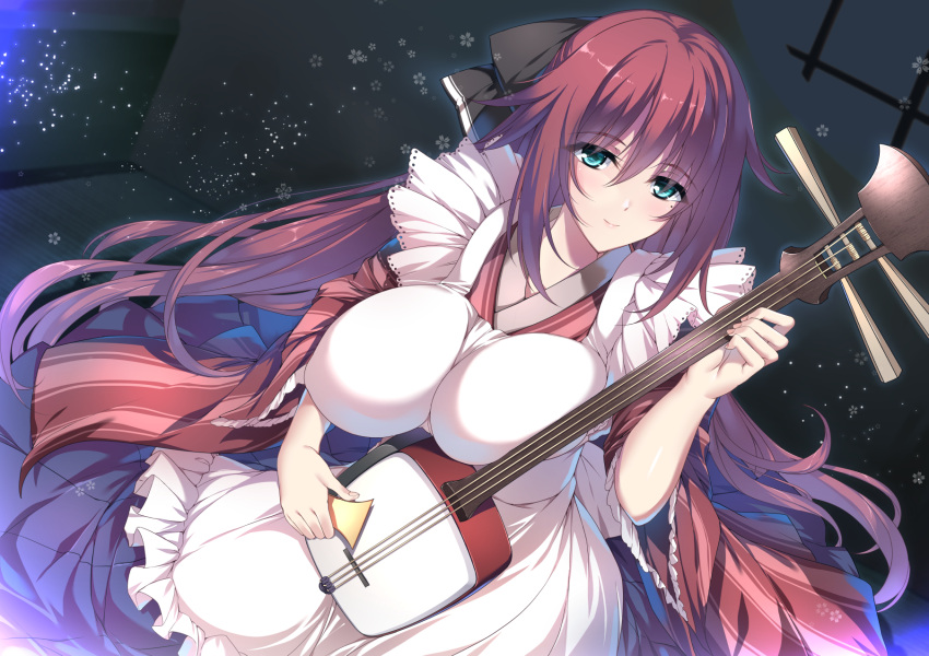 1girl, apron, bangs, black_ribbon, blue_eyes, blue_hakama, blush, breast_press