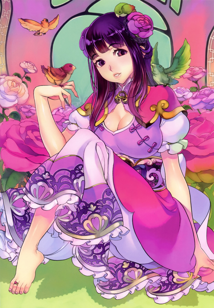 1girl, absurdres, animal, animal_on_head, arm_support, barefoot, bird, bird_on_hand