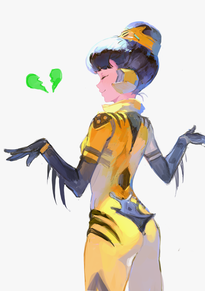 1girl, alternate_color, alternate_costume, ass, b.va_(overwatch), bangs, black_gloves, bodysuit