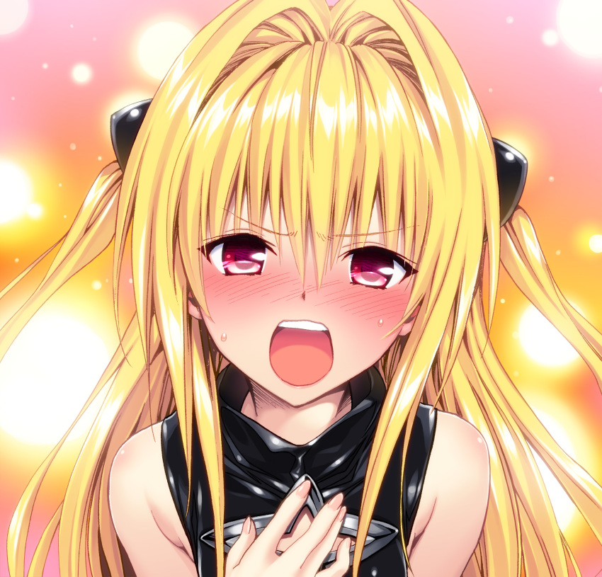 1girl, bare_shoulders, blonde_hair, blush, colored, detexted, embarrassed, face