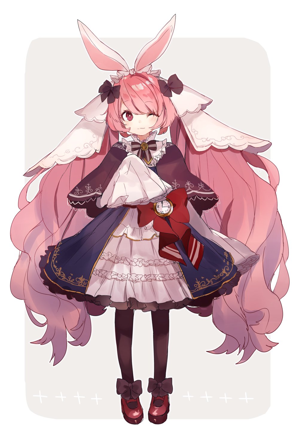 1girl, animal_ears, black_bow, black_legwear, bow, bunny_girl, capelet, clock