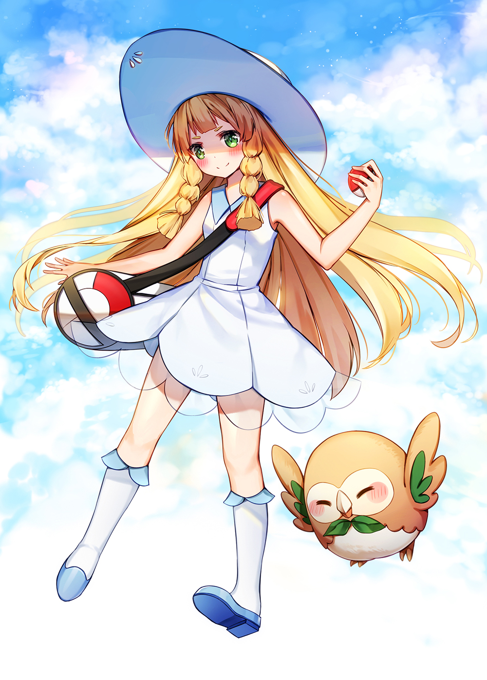 1girl, bag, blonde_hair, braid, dress, duffel_bag, green_eyes, hat