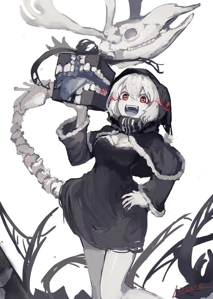 1girl, alternate_costume, animal_skull, antlers, bare_legs, black_santa_costume, bone_tail, box