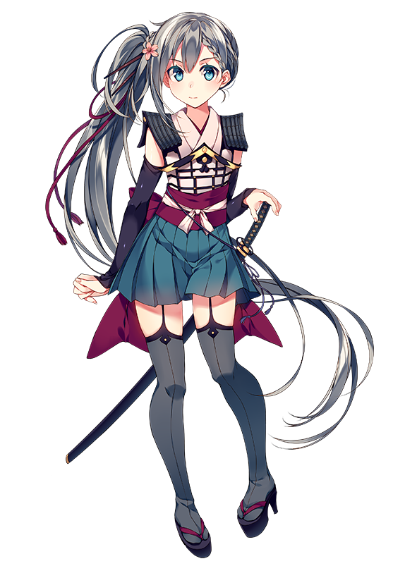 1girl, absurdly_long_hair, aqua_eyes, blue_eyes, braid, detached_sleeves, flower, french_braid, full_body, garter_straps, geta, hair_flower, hair_ornament, japanese_clothes, light_smile, long_hair, looking_at_viewer, official_art, pigeon-toed, platform_footwear, pleated_skirt, ribbon, sandals, sheath, sheathed, shirohime_quest, side_ponytail, silver_hair, skirt, solo, sword, takada_jou, thigh-highs, transparent_background, very_long_hair, weapon