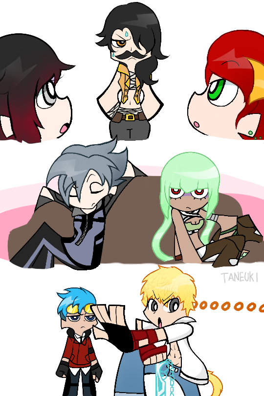 3boys, 4girls, cinder_fall, emerald_sustrai, fake_mustache, mercury_black, multiple_boys, multiple_girls
