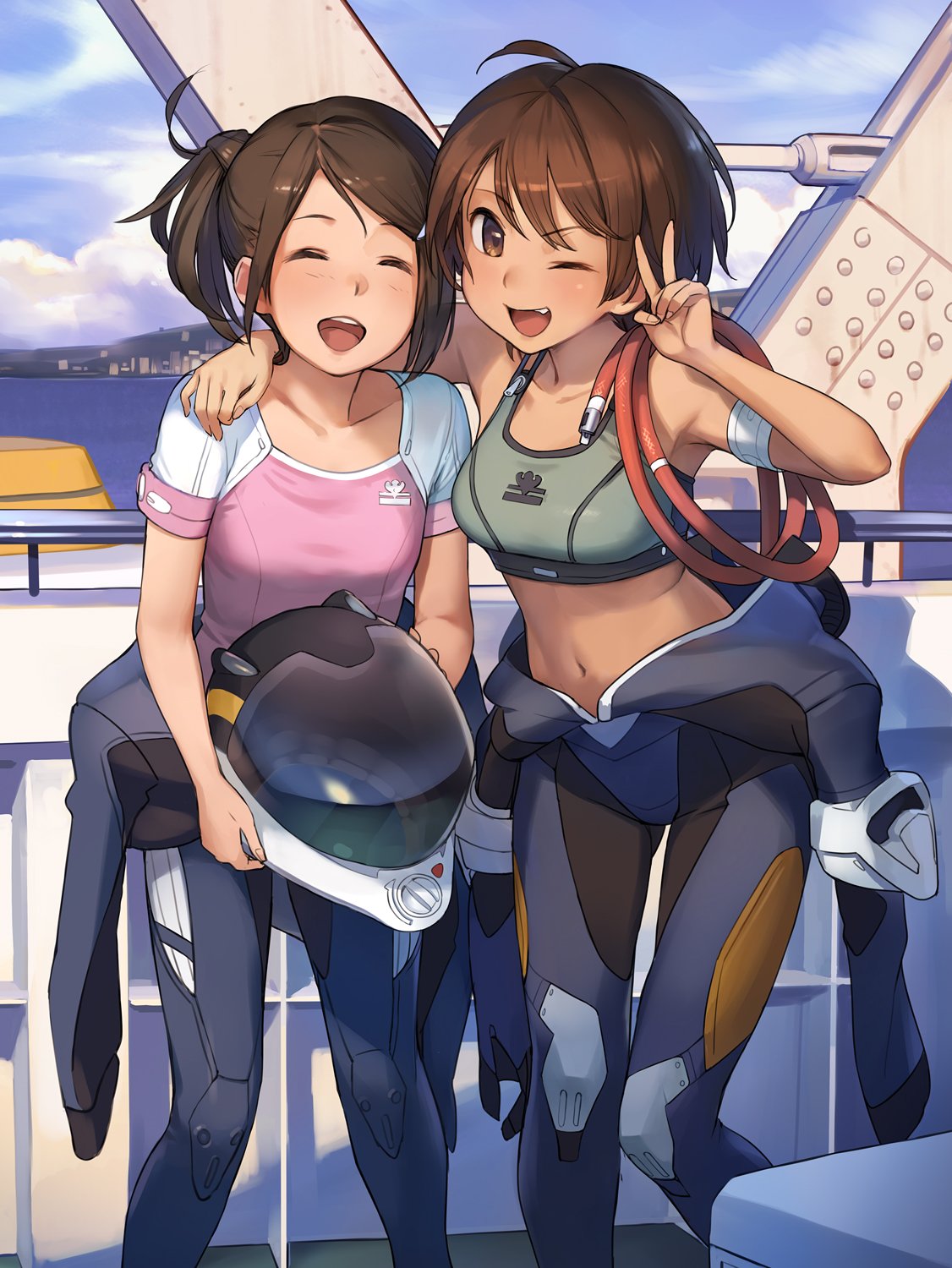 2girls, :d, ;d, ^_^, arm_strap, bangs, bra, closed_eyes
