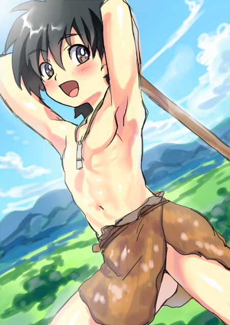 1boy, :d, armpits, arms_up, black_hair, blue_sky, blush, boots
