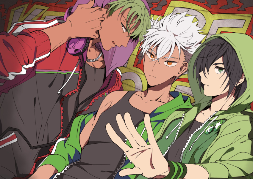 3boys, :p, black_hair, brown_eyes, buttons, closed_mouth, dark_skin, dark_skinned_male