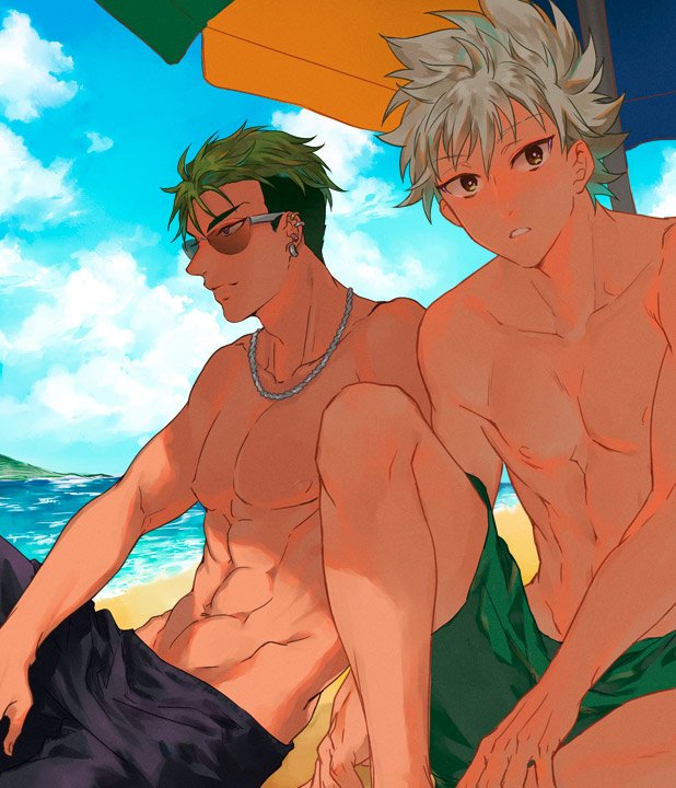 2boys, adonis_belt, beach, beach_umbrella, blue_sky, brown_eyes, clouds, dark_skin