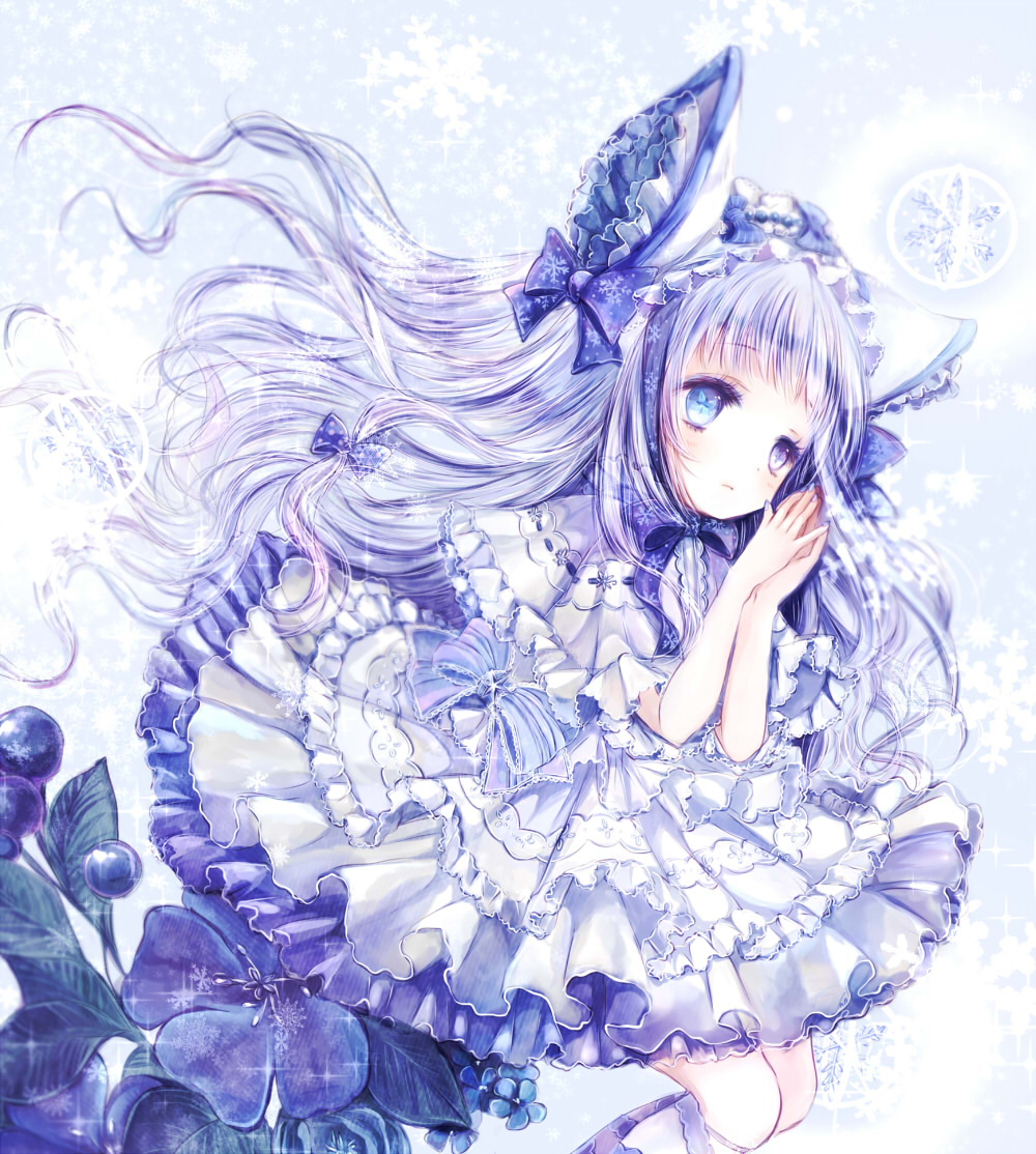 1girl, bangs, blue_eyes, blue_flower, blue_nails, bonnet, bow, butterfly-shaped_pupils
