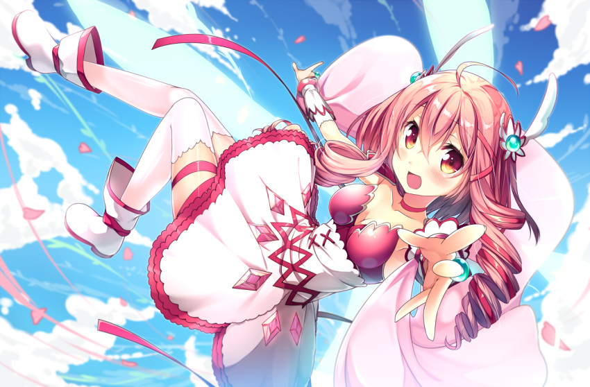 1girl, :d, ahoge, armpits, blue_sky, blush, boots, breasts