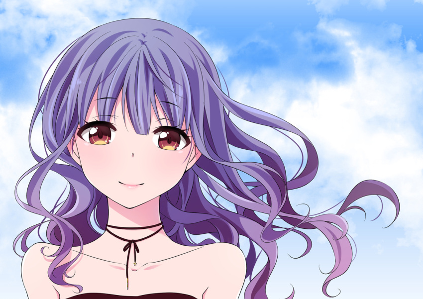 1girl, bare_shoulders, black_dress, blue_hair, blue_sky, clouds, collarbone, day