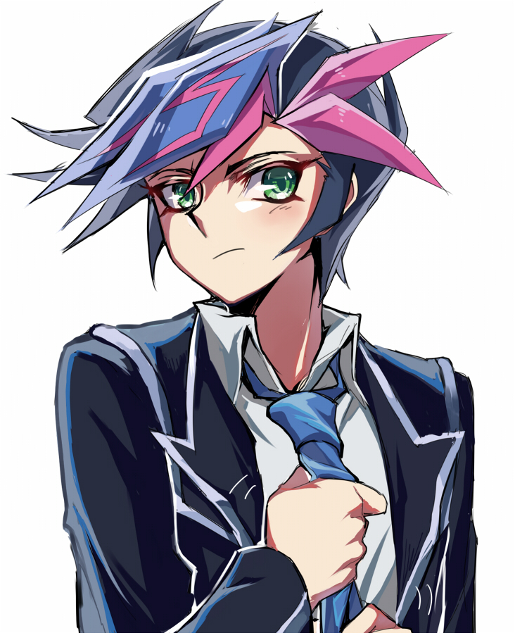 1boy, adjusting_clothes, adjusting_necktie, blue_hair, blue_necktie, fujiki_yuusaku, green_eyes, looking_at_viewer