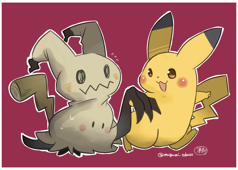 /\/\/\, :3, artist_name, brown_eyes, cosplay, disguise, fake_tail, flying_sweatdrops, holding_hand, magami_tobazu, magenta_background, mimikyu, no_humans, open_mouth, pikachu, pikachu_(cosplay), pointing, pointing_forward, pokemon, pokemon_(creature), pokemon_(game), pokemon_sm, simple_background, sweatdrop, walking, |_|