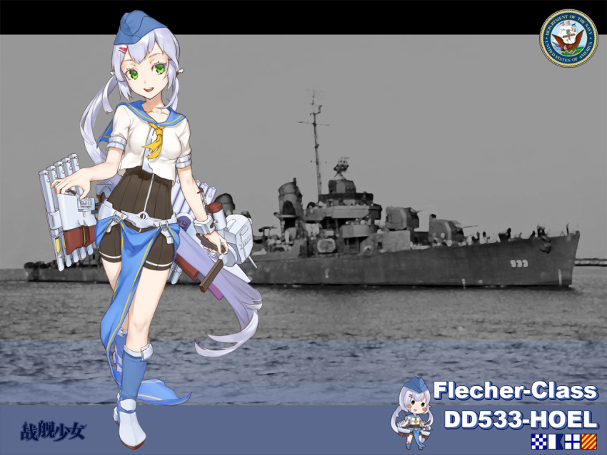 1girl, :d, black_shorts, blue_boots, blue_hat, boots, breasts, cannon