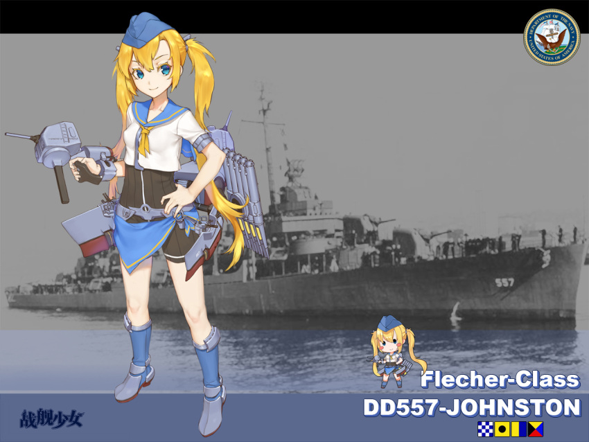 1girl, black_shorts, blonde_hair, blue_boots, blue_eyes, blue_hat, boots, breasts