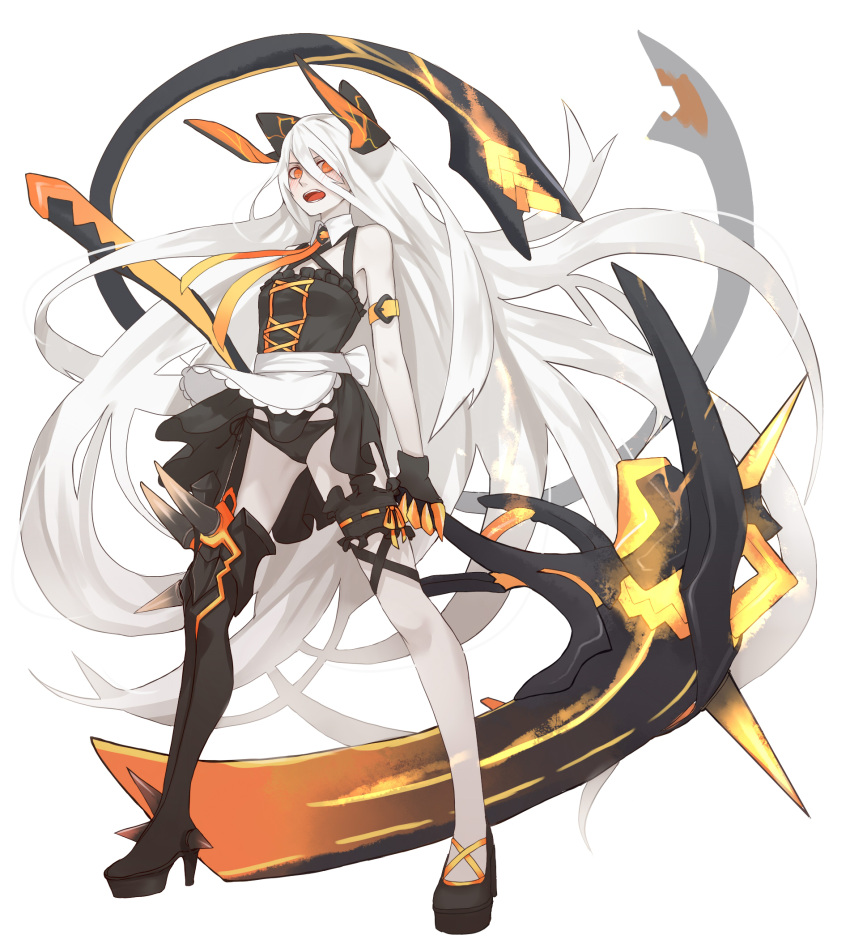 1girl, absurdly_long_hair, alternate_costume, apron, arm_belt, armor, armored_boots, bikini_bottom, black_bikini_bottom, black_gloves, black_shoes, blush, boots, breasts, camisole, enemy_zuikaku_(zhan_jian_shao_nyu), enmaided, full_body, gloves, hair_between_eyes, highres, holding, holding_weapon, horns, legs_apart, long_hair, looking_at_viewer, maid, maid_apron, mizu_(dl7613), open_mouth, orange_eyes, orange_ribbon, ribbon, scythe, shinkaisei-kan, shoes, single_boot, single_shoe, small_breasts, solo, spike, standing, tail, teeth, thigh_strap, very_long_hair, weapon, white_background, white_hair, white_skin, zhan_jian_shao_nyu
