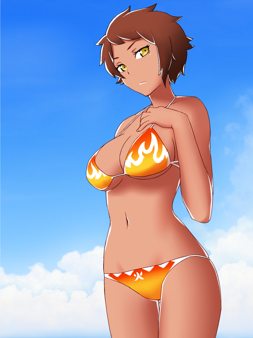 1girl, bikini, blue_sky, breasts, brown_hair, candela_(pokemon), cleavage, clouds