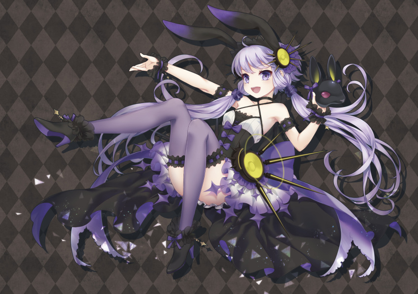 1girl, animal_ears, argyle, argyle_background, arm_garter, armpits, bare_shoulders, black_shoes