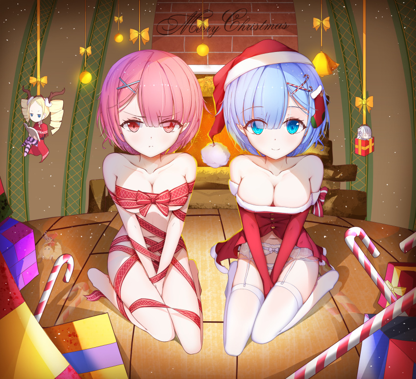 2girls, antlers, asa_ni_haru, bdsm, beatrice_(re:zero), blue_eyes, blue_hair, bondage