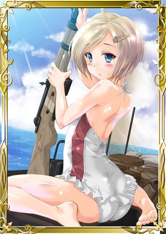 1girl, amy_apple, blonde_hair, blue_eyes, casual_one-piece_swimsuit, gun, hair_ornament, holding, holding_gun, holding_weapon, komatsu_eiji, lowres, ocean, one-piece_swimsuit, outdoors, rifle, senjou_no_valkyria, senjou_no_valkyria_3, short_hair, solo, swimsuit, weapon