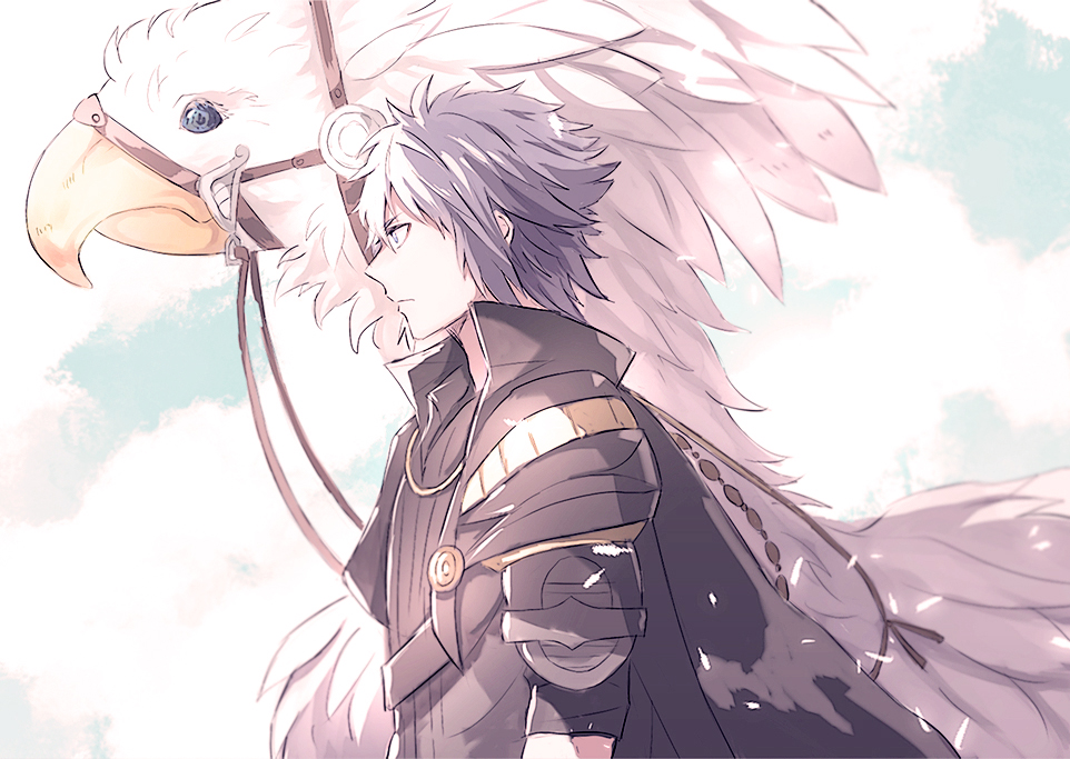 1boy, alternate_costume, animal, beak, black_hair, cape, chocobo, final_fantasy