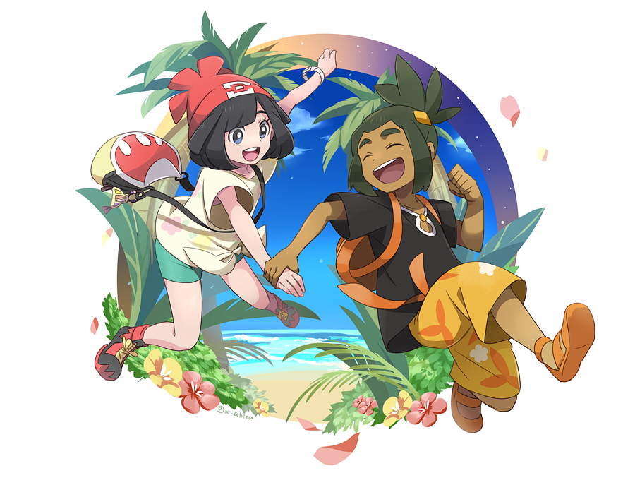 1boy, 1girl, abitu, backpack, bag, bangs, bangs_pinned_back, beanie