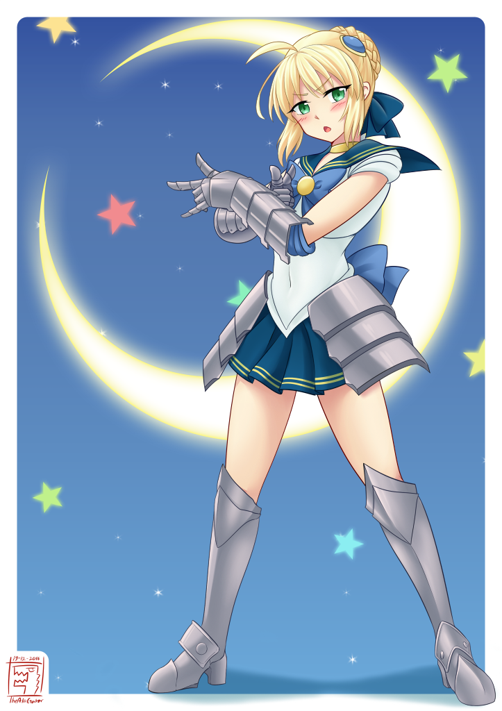 2016, ahoge, bishoujo_senshi_sailor_moon, blonde_hair, blue_background, blue_bow, blue_skirt, blush, boots, bow, braid, brooch, choker, cosplay, crescent_moon, dated, embarrassed, fate/stay_night, fate_(series), faulds, french_braid, green_eyes, hair_ornament, jewelry, knee_boots, looking_at_viewer, magical_girl, metal_boots, metal_gloves, moon, open_mouth, parody, pleated_skirt, saber, sailor_senshi, sailor_senshi_(cosplay), short_hair, signature, skirt, star, thealagator, tsuki_ni_kawatte_oshioki_yo