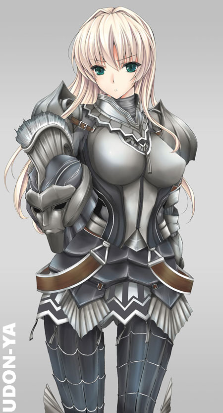arms_behind, arms_behind_back, blonde_hair, green_eyes, helmet, kizuki_aruchu, kushala_daora, long_hair