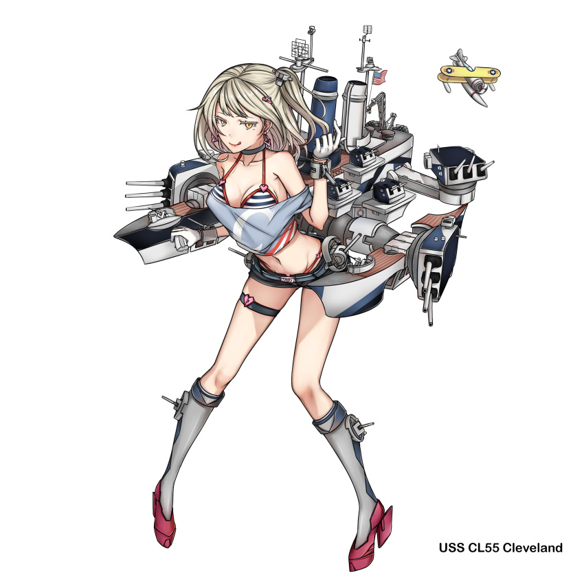 1girl, :q, absurdres, aircraft, airplane, american_flag, arm_up, artist_request, bangs, bare_shoulders, bikini, bikini_under_clothes, boots, breasts, cannon, closed_mouth, collarbone, earrings, flag, full_body, gloves, gyakushuu_no_hoshiumi, hair_ornament, hairclip, highres, jewelry, knee_boots, kneehighs, leaning_forward, licking_lips, lips, looking_at_viewer, machinery, medium_breasts, midriff, mole, mole_under_eye, navel, off_shoulder, original, ship, short_shorts, shorts, side_ponytail, silver_hair, simple_background, smile, solo, striped, striped_bikini, swimsuit, thigh_strap, tongue, tongue_out, turret, uss_cleveland_(cl-55), watercraft, white_background, white_gloves, world_of_warships, yellow_eyes