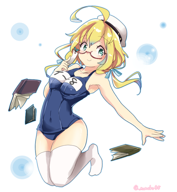 alternate_eye_color, blonde_hair, book, breasts, glasses, green_eyes, hat, i-8_(kantai_collection)