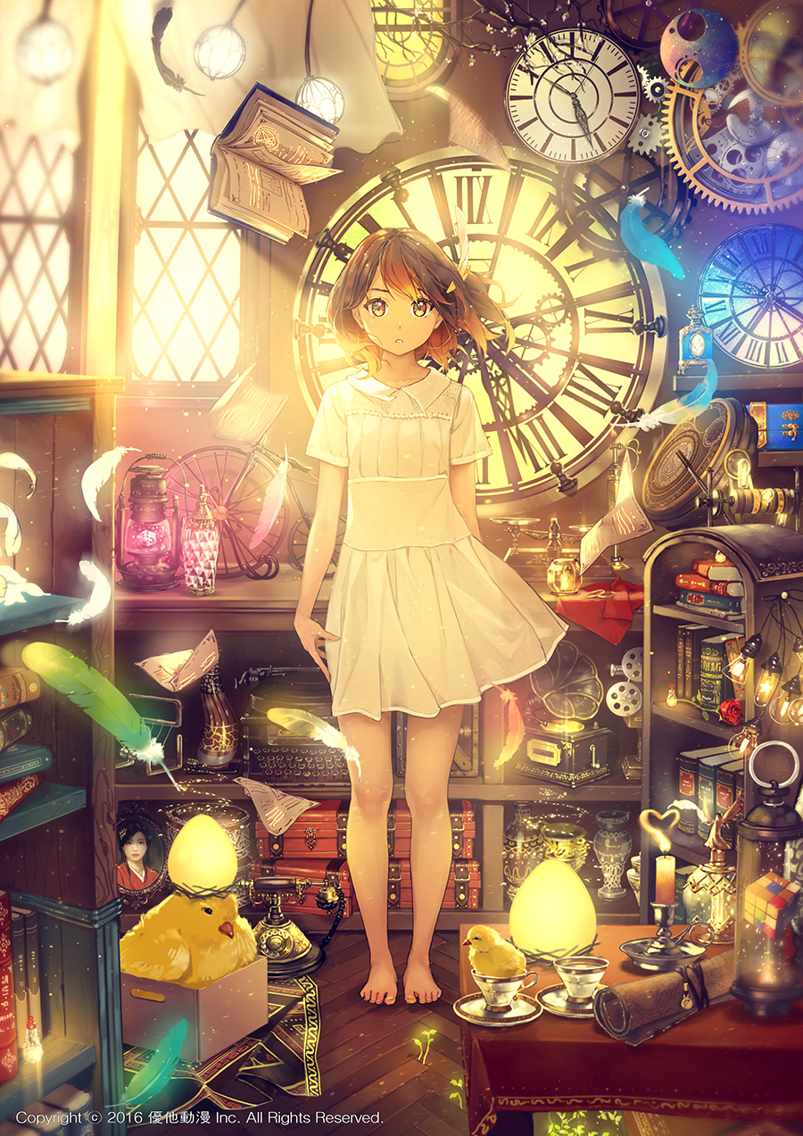 1girl, 2016, :o, analog_clock, angel, animal, arms_at_sides, bare_arms