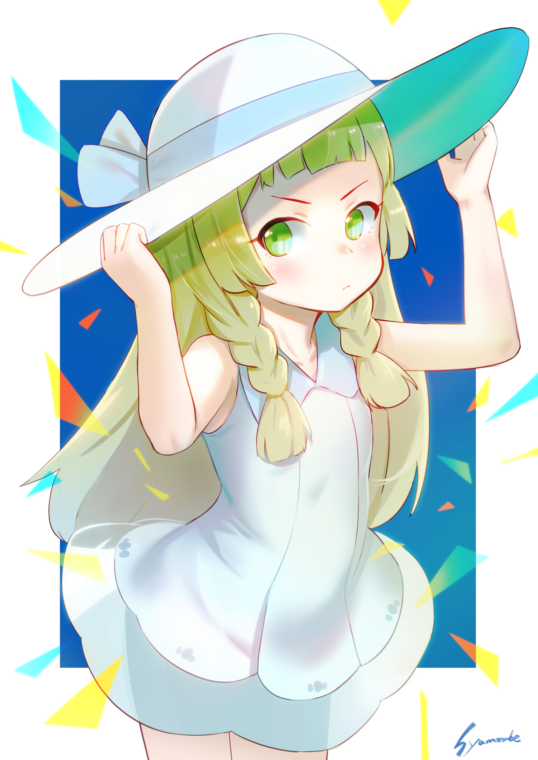 1girl, blonde_hair, braid, dress, green_eyes, hands_on_headwear, hat, highres