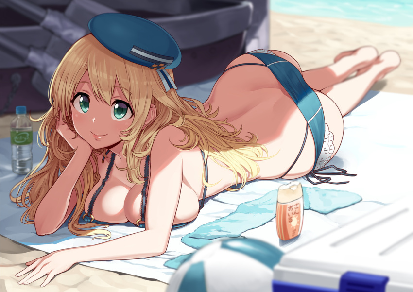 1girl, aqua_eyes, arm_support, ass, atago_(kantai_collection), ball, barefoot, beach_towel