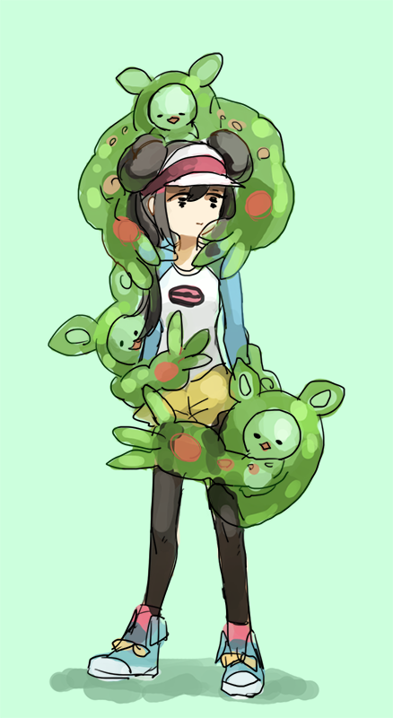 1girl, black_eyes, black_legwear, brown_hair, closed_eyes, double_bun, full_body, green_background, leg_hug, legs, long_hair, long_sleeves, mei_(pokemon), pantyhose, pleo, poke_ball_theme, pokemon, pokemon_(game), pokemon_bw2, raglan_sleeves, reuniclus, shadow, shirt, shoes, shorts, simple_background, sneakers, solo, standing, twintails, visor_cap, yellow_shorts