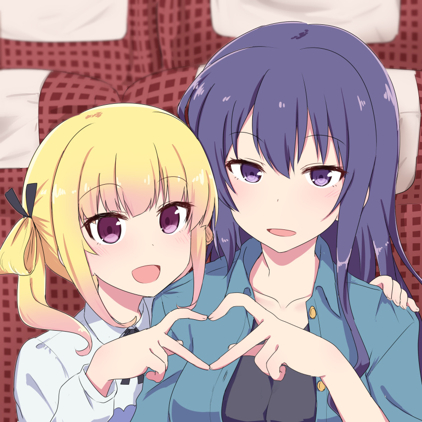 2girls, :d, absurdres, bangs, blonde_hair, blue_eyes, blush, buttons, collarbone, eyebrows_visible_through_hair, girlish_number, ground_vehicle, hair_ribbon, hand_on_shoulder, heart, heart_hands, heart_hands_duo, highres, kawazu_kento, long_hair, looking_at_viewer, multiple_girls, open_mouth, ribbon, seat, shibasaki_kazuha, sidelocks, smile, sonou_momoka, train, train_interior, twintails, upper_body, violet_eyes