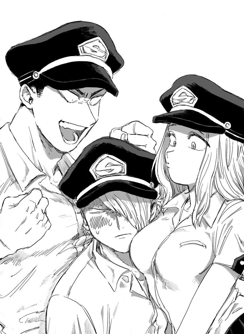 1girl, 2boys, black_hair, blush, boku_no_hero_academia, breasts, clenched_hand, greyscale