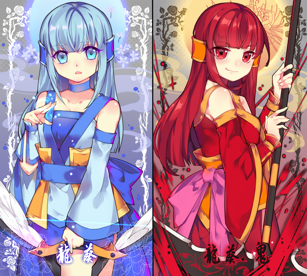 2girls, blue_eyes, blue_hair, choker, detached_sleeves, eve_kurigoyu, looking_at_viewer, multiple_girls