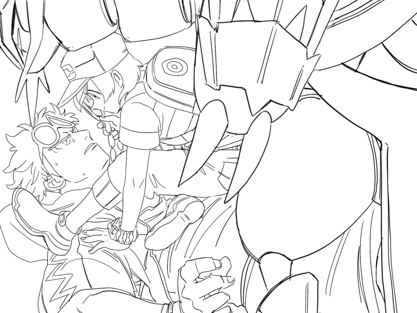 2boys, backpack, bag, bangs, baseball_cap, capri_pants, chain_necklace, golisopod