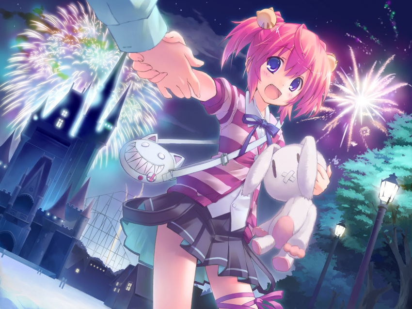 aerial_fireworks, amusement_park, bad_id, blue_eyes, blush, child, fang, fireworks, flat_chest, hand_holding, happy, holding_hands, lamppost, loli, napa, open_mouth, original, pink_hair, ribbon, saeki_nao, short_hair, skirt, smile, striped, stuffed_animal, stuffed_toy, thigh_ribbon